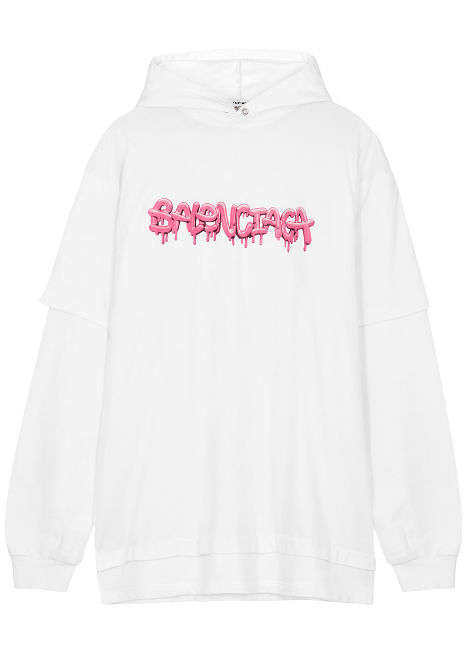 Balenciaga White Logo-print Hooded Layered Cotton Sweatshirt - L