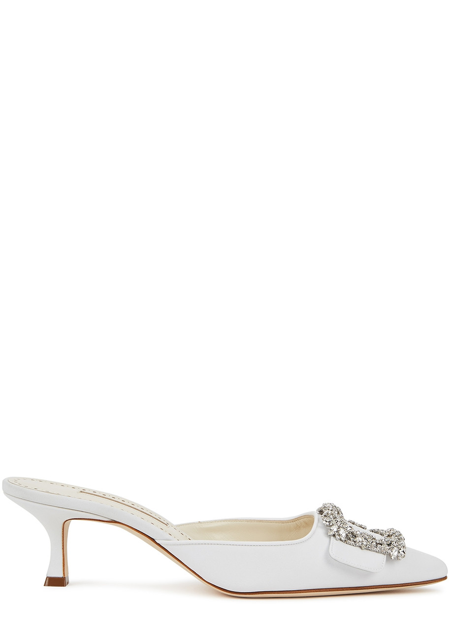 Manolo Blahnik Maysale Crystal Buckle Pointed Toe Mule In Ivory