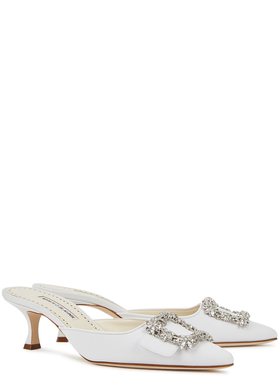 Manolo Blahnik Maysale Crystal Buckle Pointed Toe Mule In Ivory