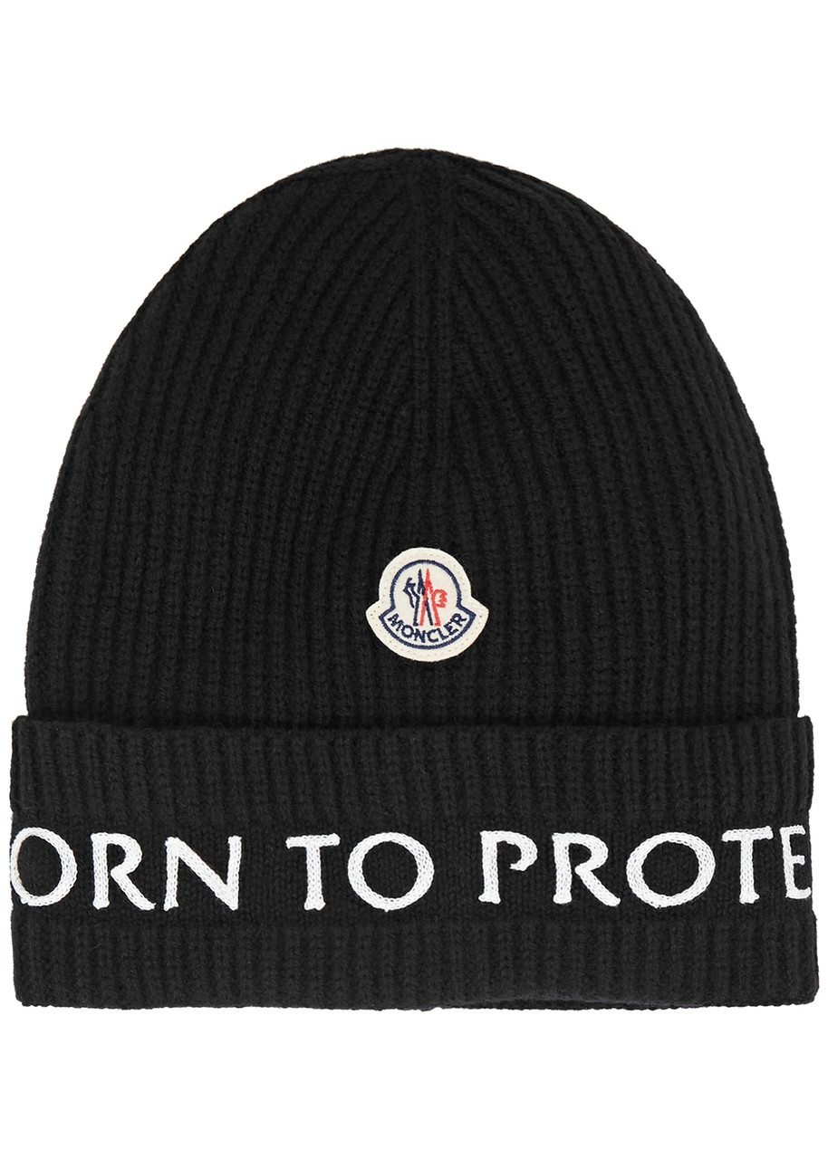 Moncler Black Embroidered Wool Beanie