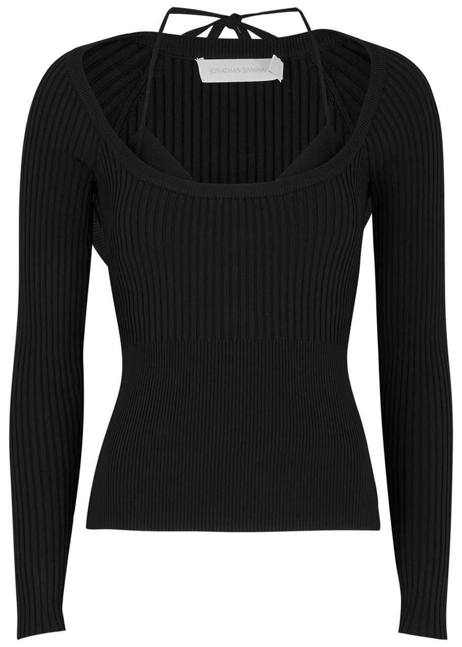 Simkhai Jayline Black Layered Ribbed-knit top - XS