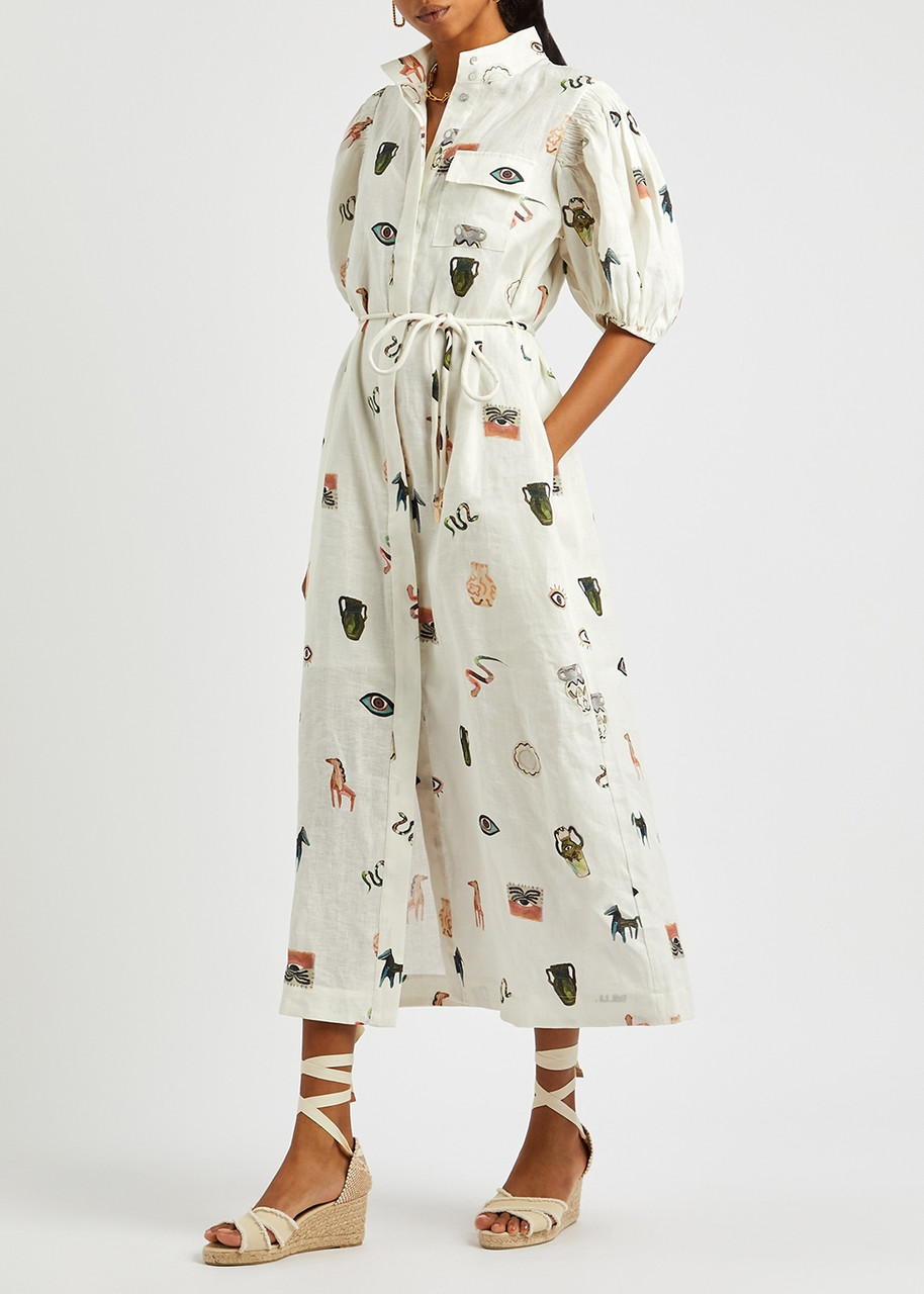  Alemais Hera Printed Linen Dress - Ivory - 6 