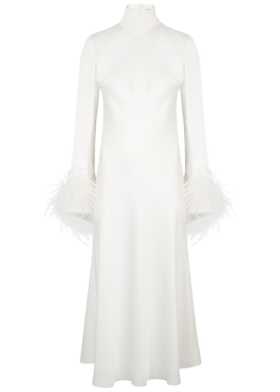16ARLINGTON Umiko Feather-trimmed Satin Midi Dress, Dress, Ivory Size 6