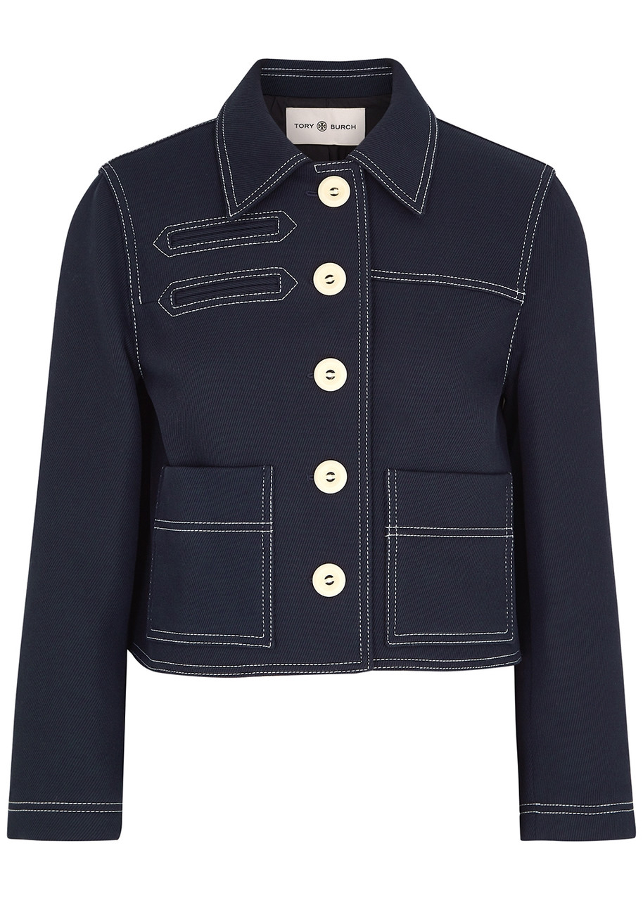 Tory Burch Navy Cropped Cotton-blend Twill Jacket In Blue