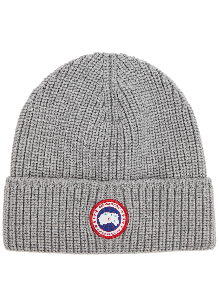 Canada Goose Grey Logo Ribbed Wool Beanie, Beanie, Grey, Wool, Ribbed