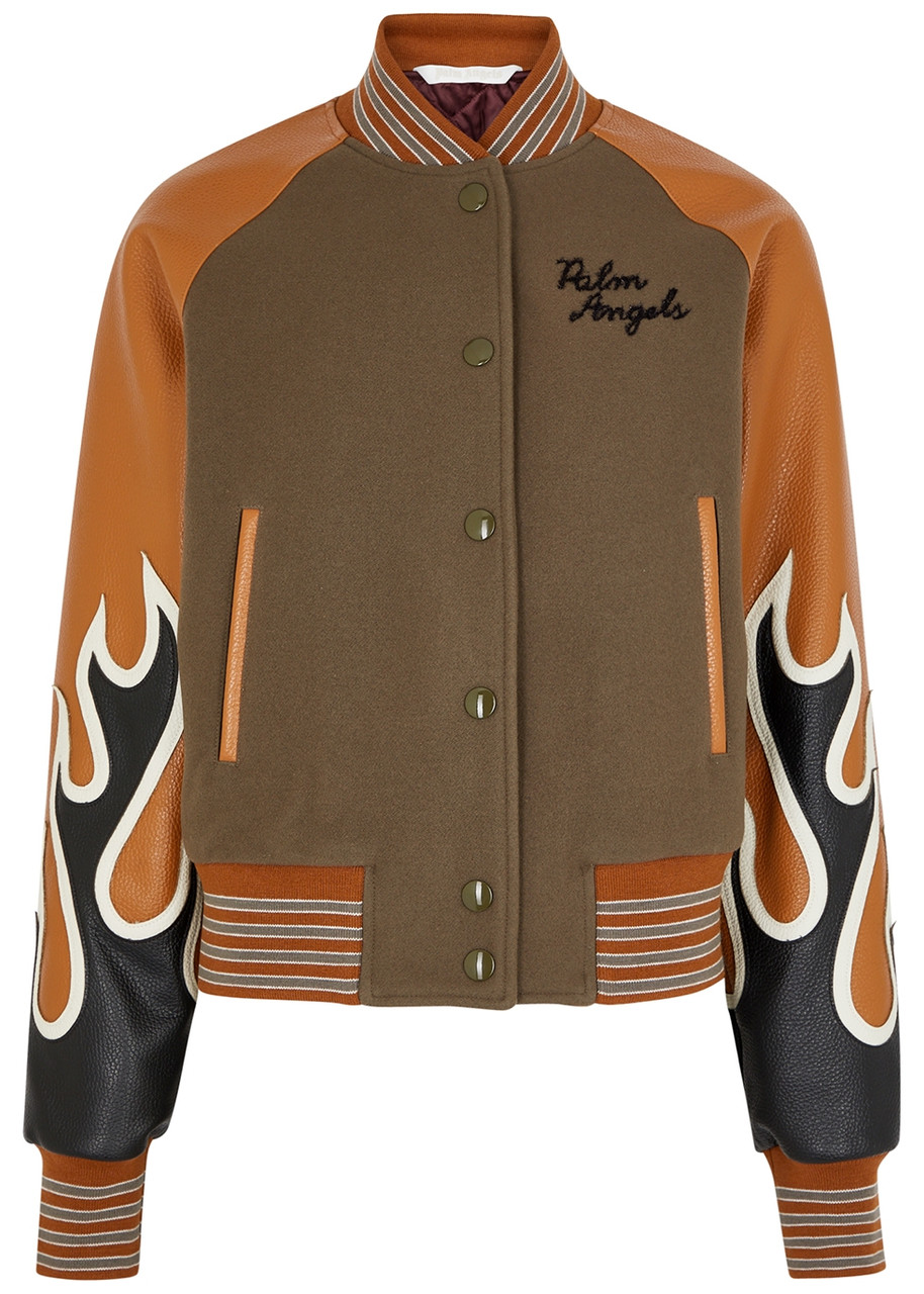 Palm Angels Burning Wool-blend And Leather Varsity Jacket In Brown