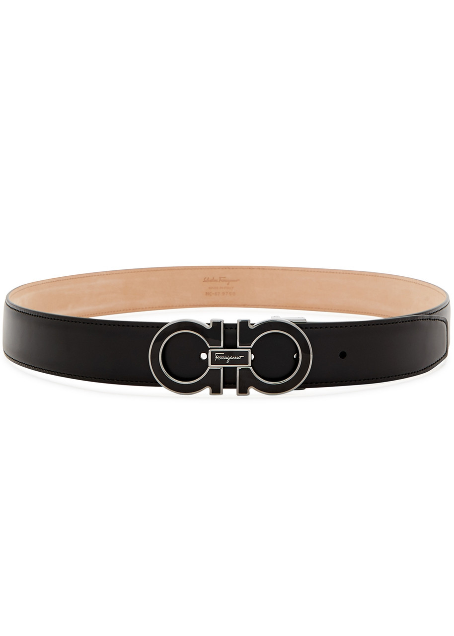Ferragamo Gancio Black Leather Belt - Black And Silver