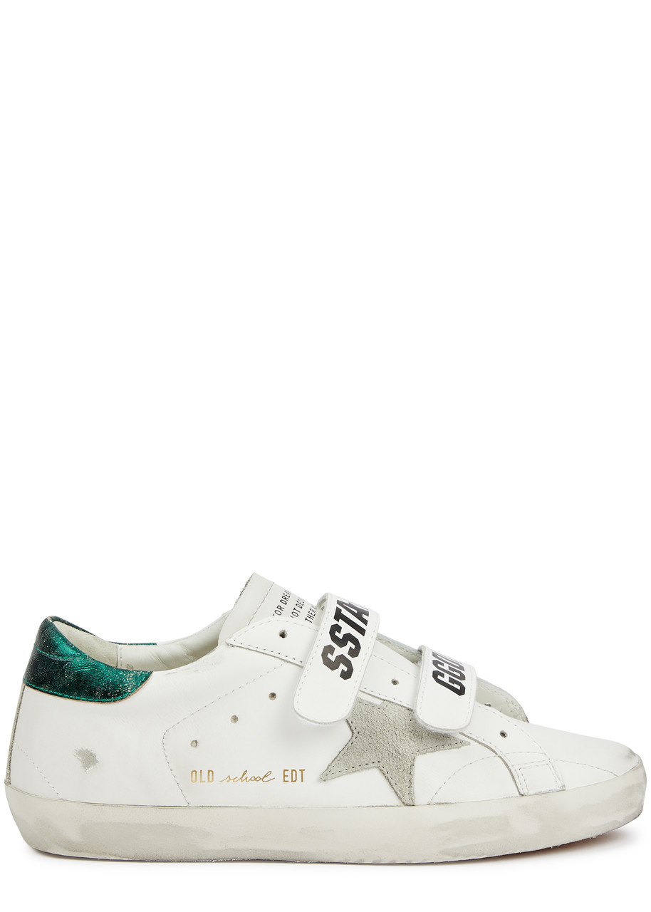 Golden Goose Old School Distressed Leather Sneakers In White And Green