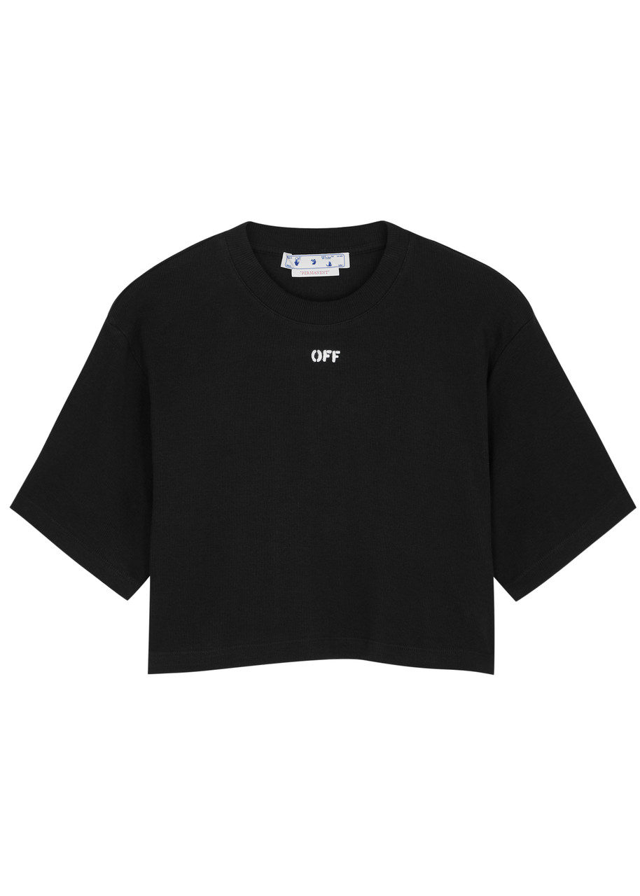Shop Off-white Logo Cropped Stretch-cotton T-shirt In Black And White