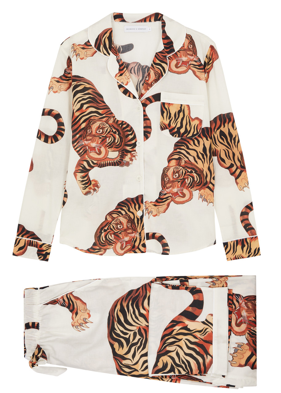 Desmond & Dempsey Rayas Tiger-print Cotton Pyjama set - Cream - M