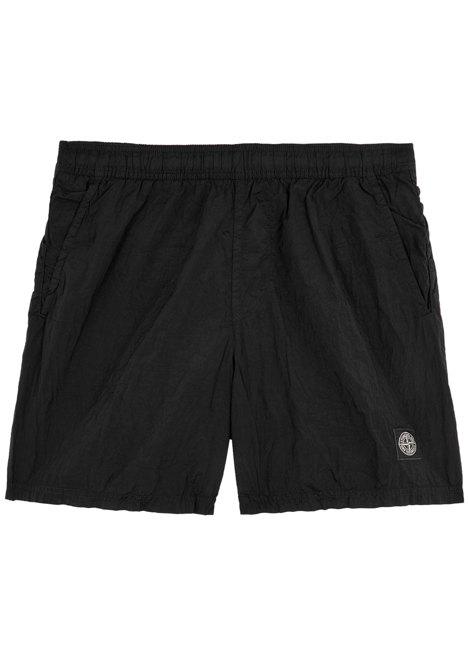 Stone Island Nylon Swim Shorts With Texture And Logo Patch In Black