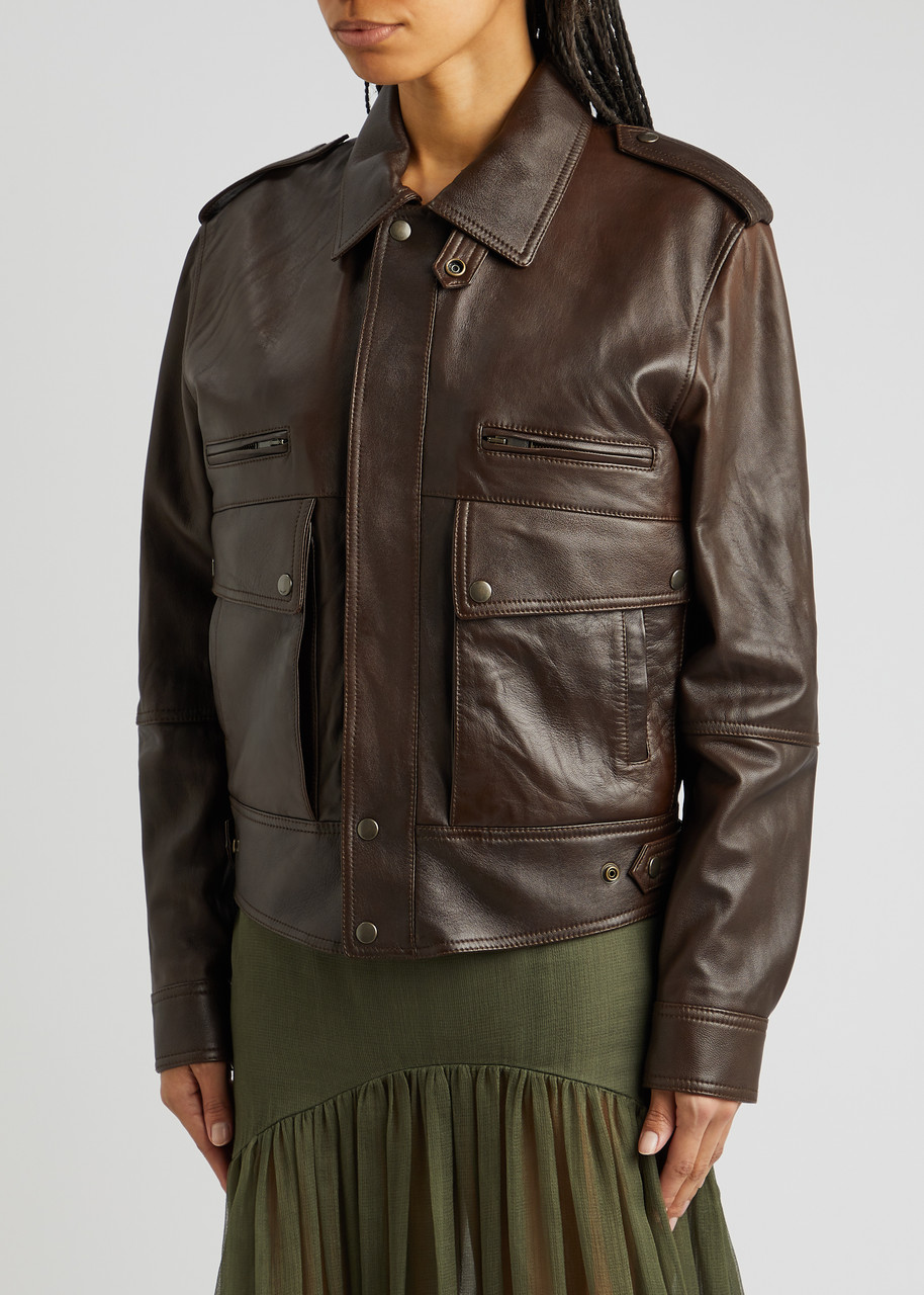  Saint Laurent - Women's Brown High-neck Leather Jacket - Size 12, Slouchy Relaxed Fit & Dropped Shoulders 