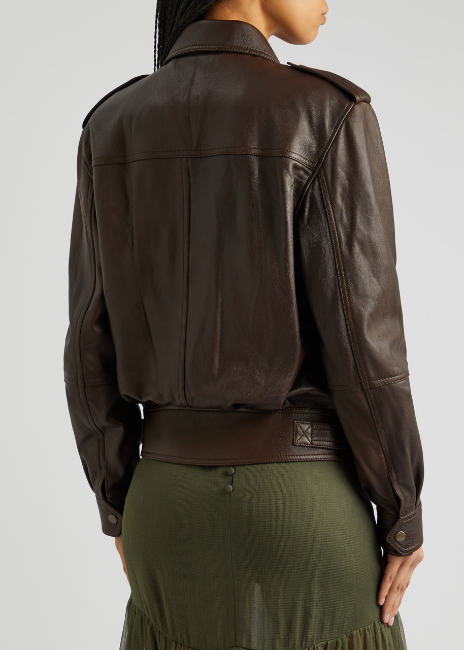  Saint Laurent - Women's Brown High-neck Leather Jacket - Size 12, Slouchy Relaxed Fit & Dropped Shoulders 