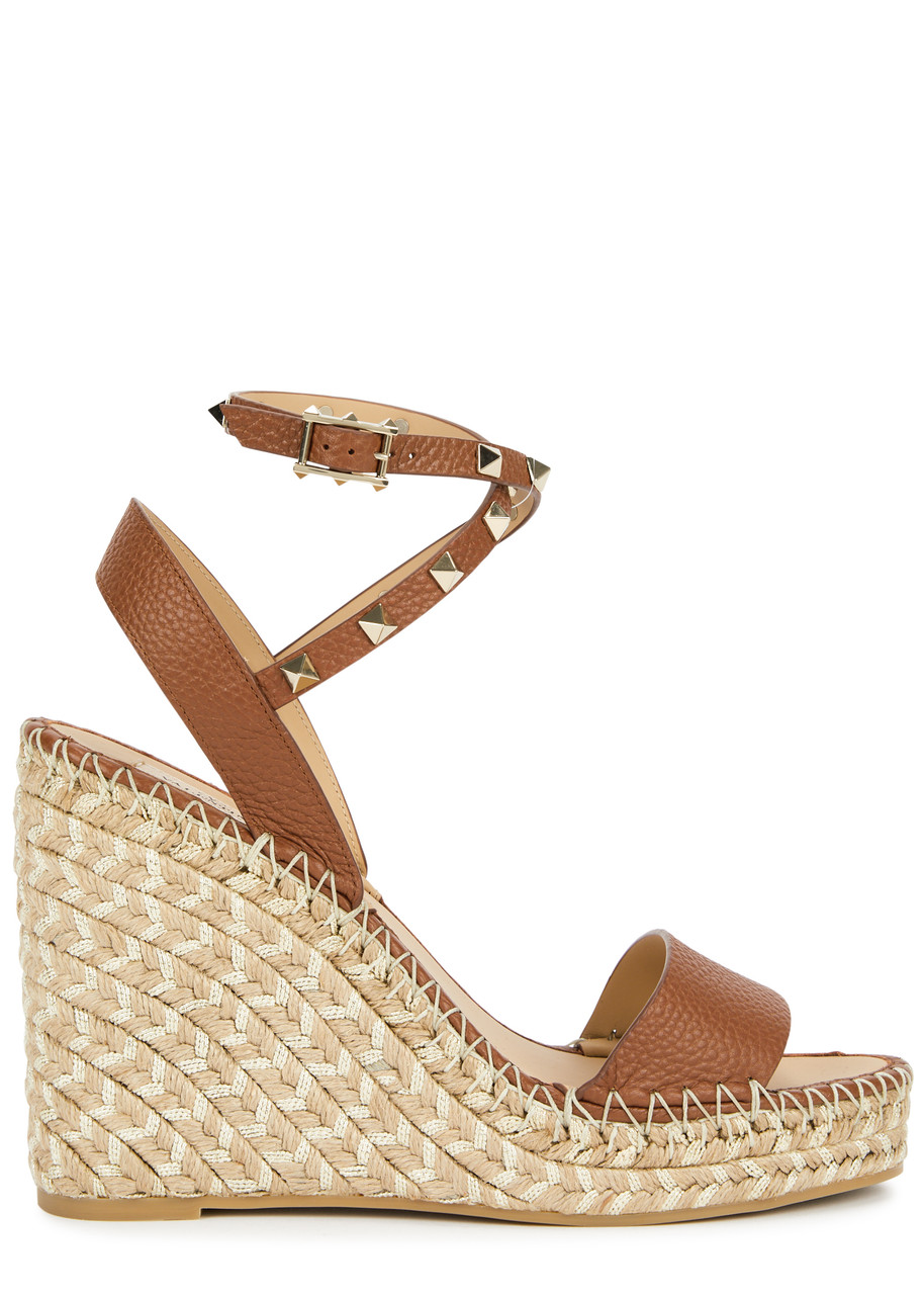 Valentino Rockstud 120 Leather Wedge Espadrilles In Tan