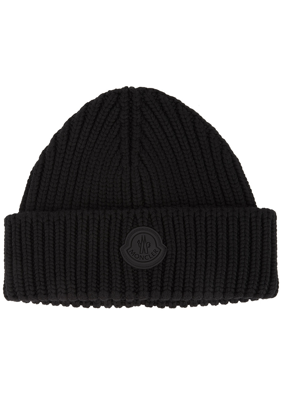 Moncler Black Logo Ribbed Wool Beanie