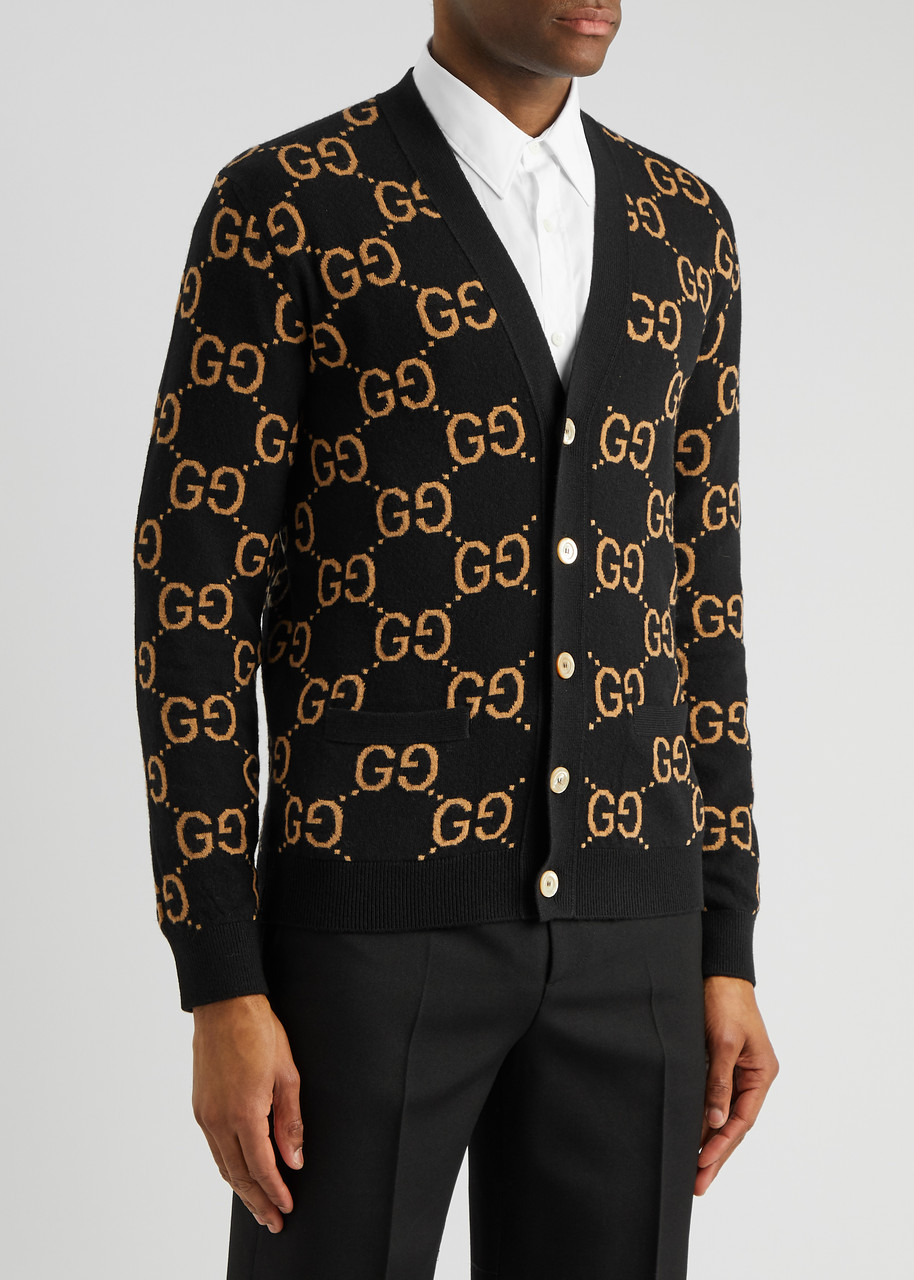  Gucci Gg Supreme Intarsia Wool Cardigan - Black - M 