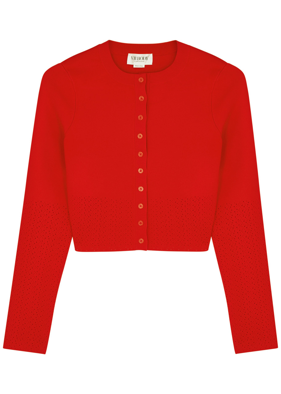 Shop Victoria Beckham Vb Body Cropped Stretch-knit Cardigan In Red