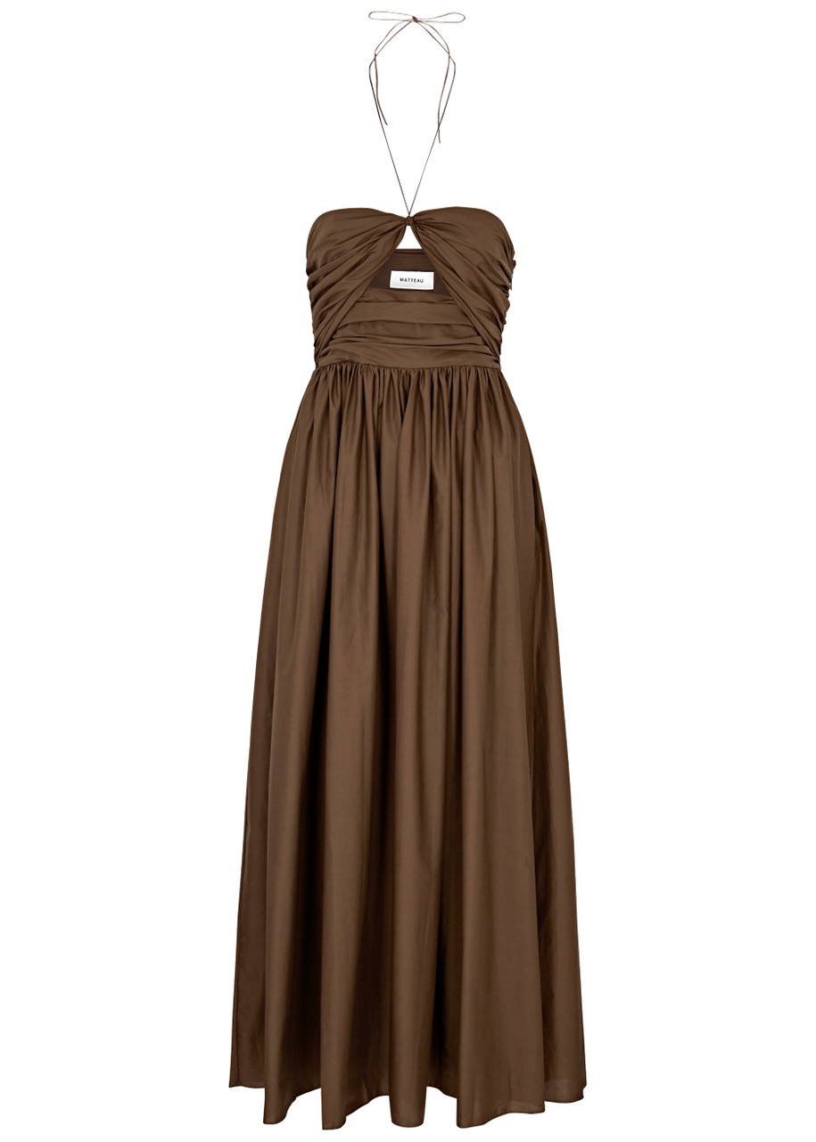Matteau Ruched Strapless Cotton-poplin Maxi Dress In Brown