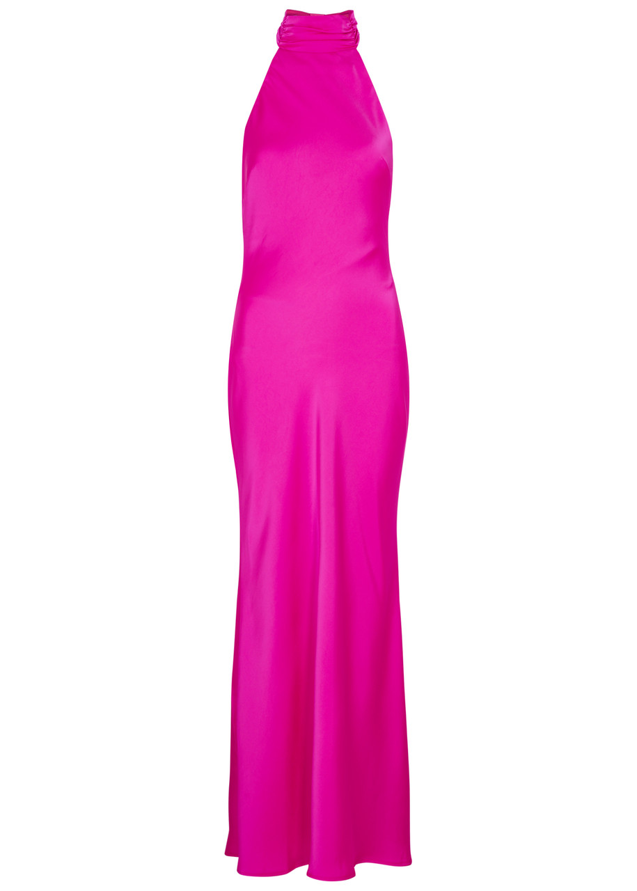 Misha Evianna Satin Gown In Bright Pink