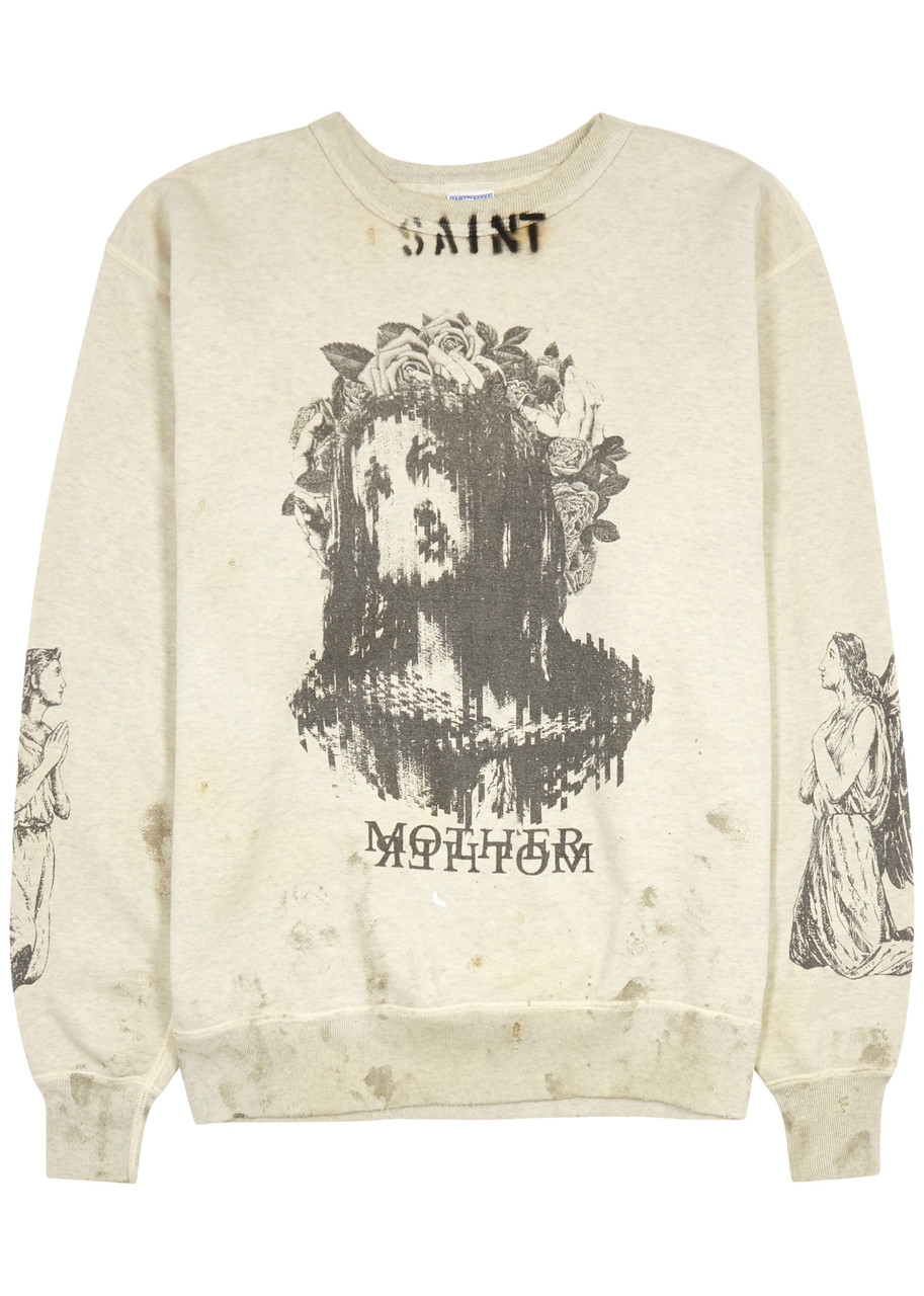 Saint Mxxxxxx Mother Printed Distressed Cotton Sweatshirt In Grey