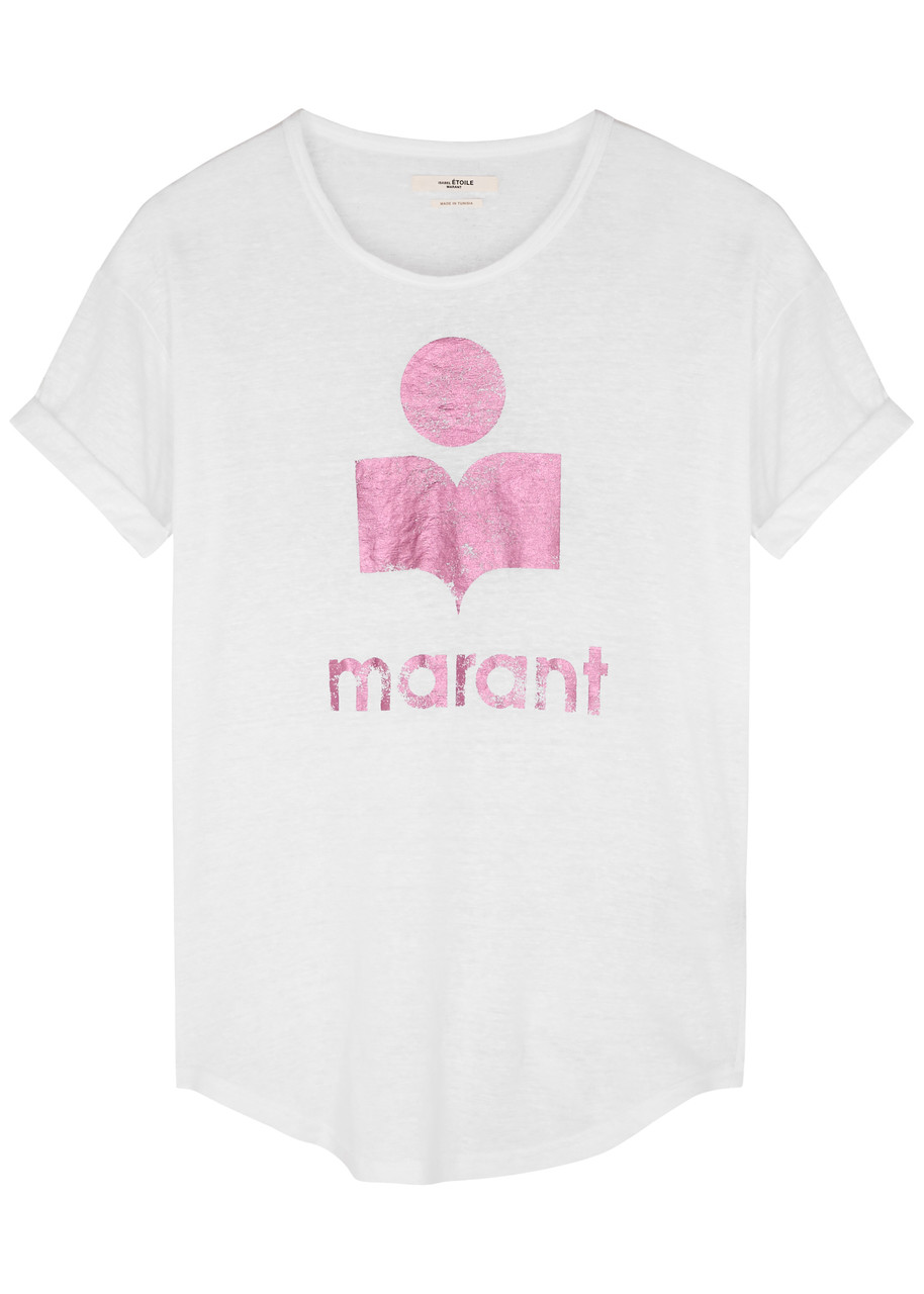 Isabel Marant Étoile Logo-print Linen T-shirt In Pink And White