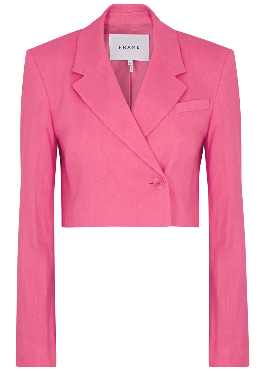 Shop Frame Cropped Linen-blend Blazer In Pink
