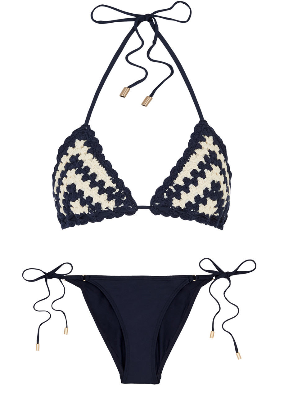 Zimmermann Chintz Crochet-knit Triangle Bikini, Bikini, Navy
