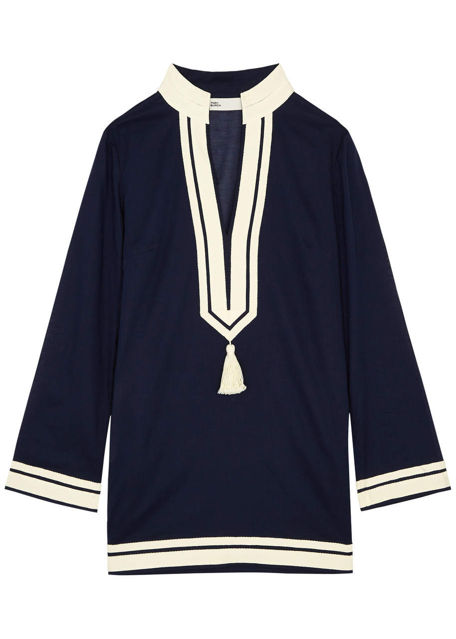 Tory Burch Stripe-trimmed Cotton Tunic Kaftan, Kaftan, Navy