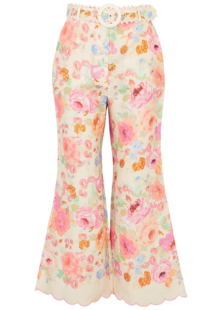 Zimmermann Raie Floral-print Flared Linen Trousers In Multicoloured