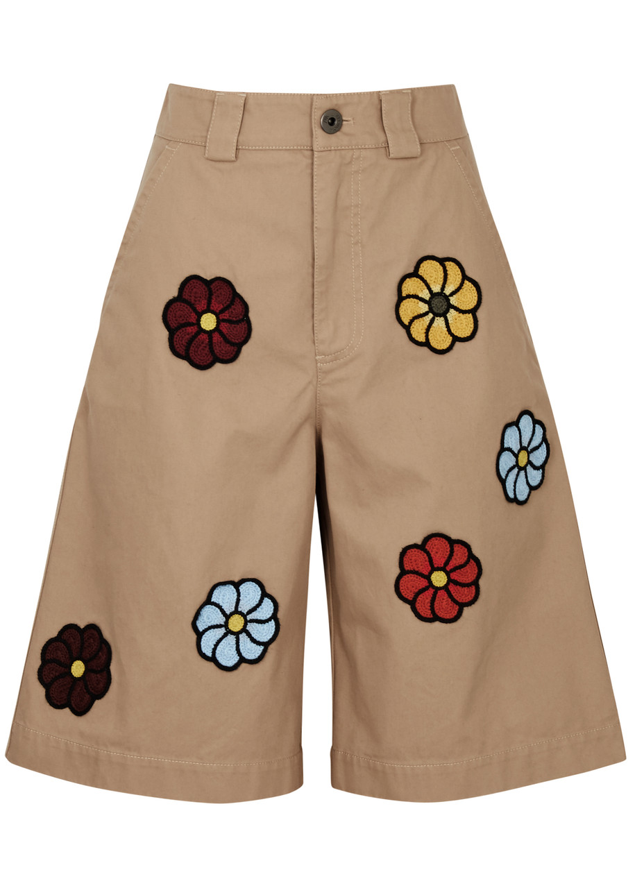 Moncler 1 Jw Anderson Floral Cotton Shorts In Beige