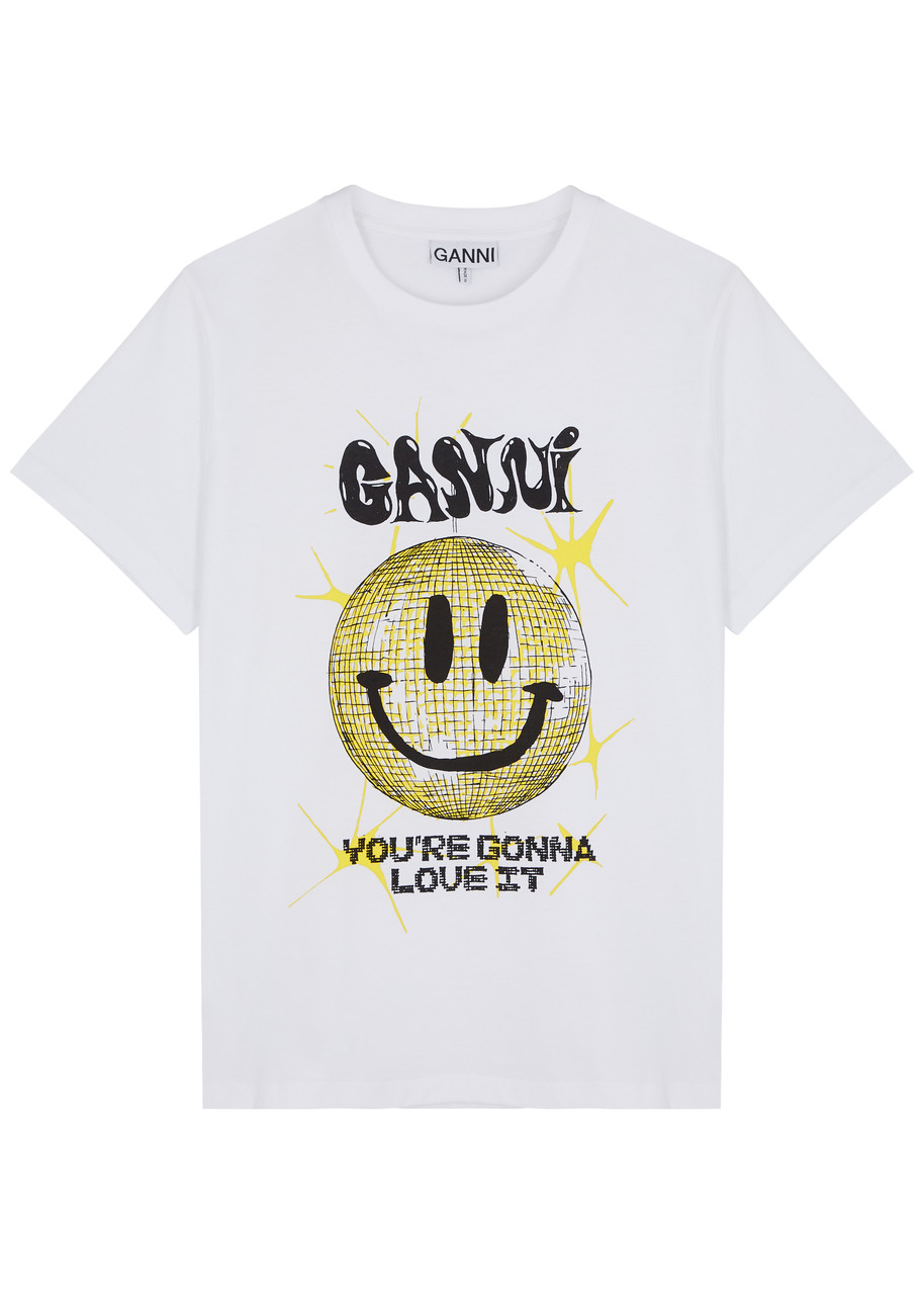 Ganni Smiley Printed Cotton T-shirt In Multi