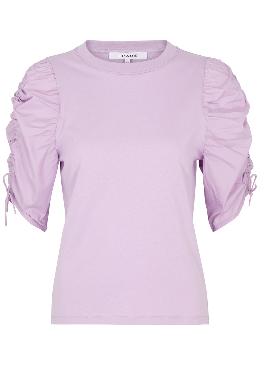 Frame Ruched-sleeve Cotton Top In Lilac