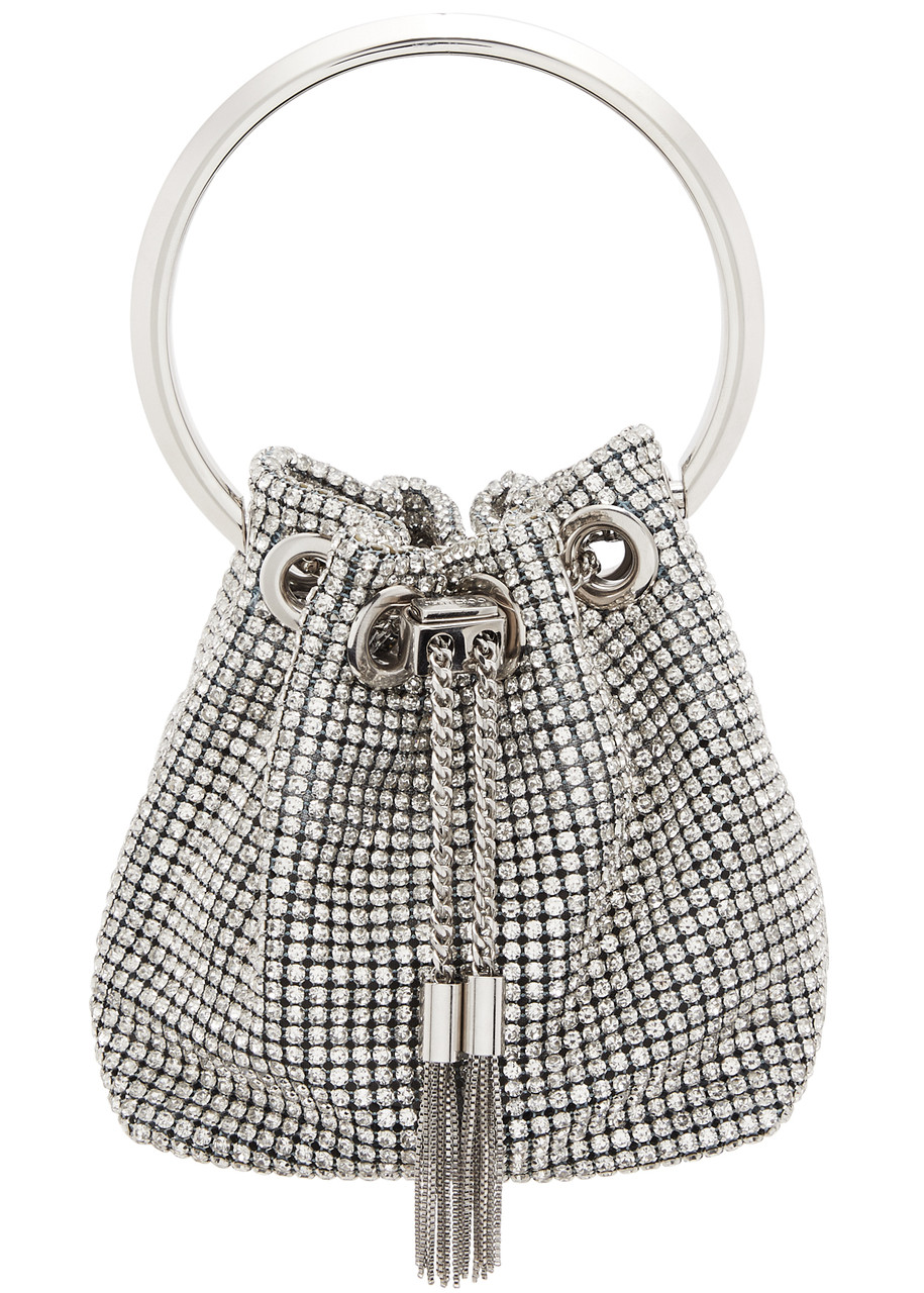 Jimmy Choo Micro Bon Bon Bucket Crystal-embellished Bucket Bag In Silver