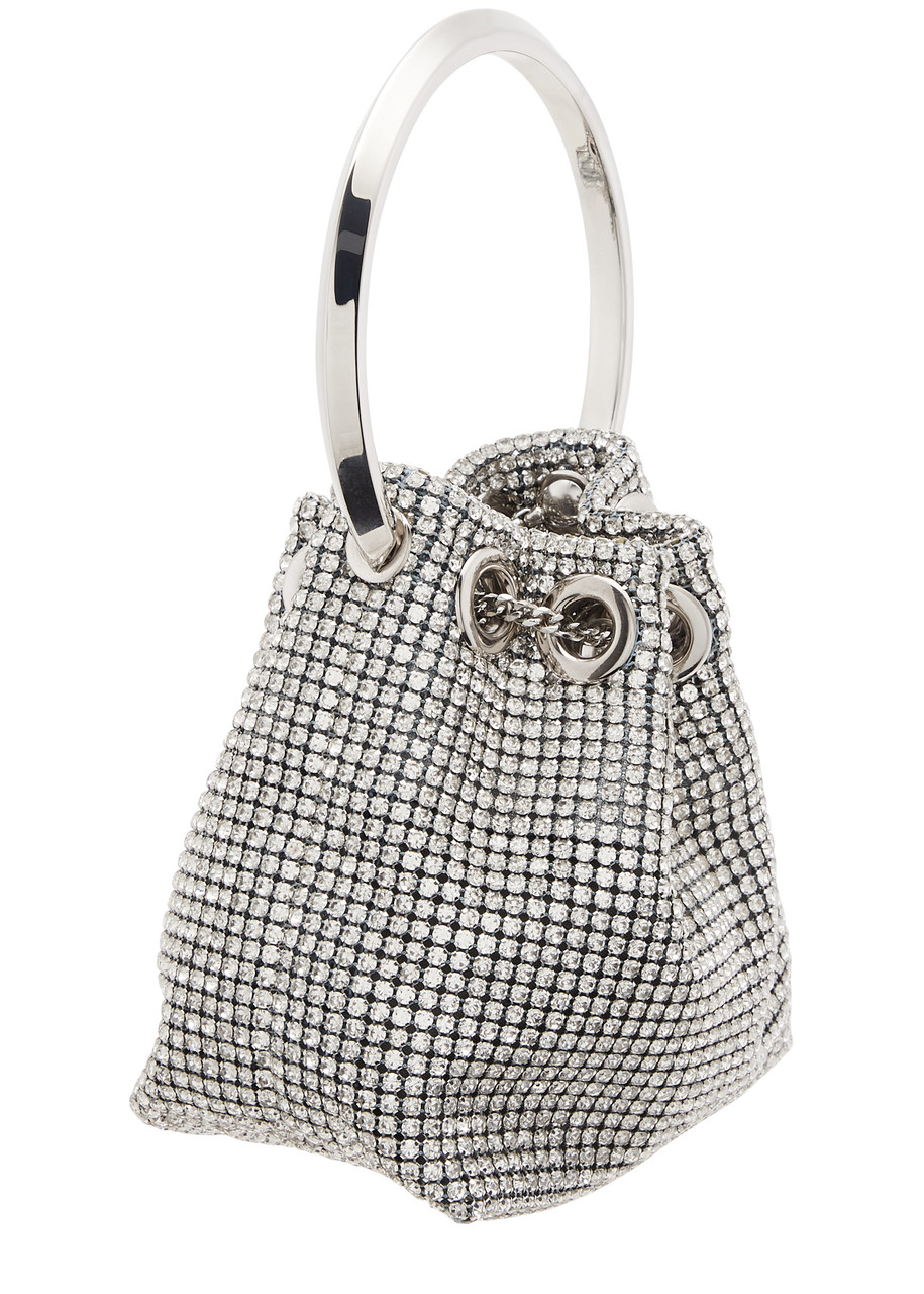 Jimmy Choo Micro Bon Bon Bucket Crystal-embellished Bucket Bag In Silver