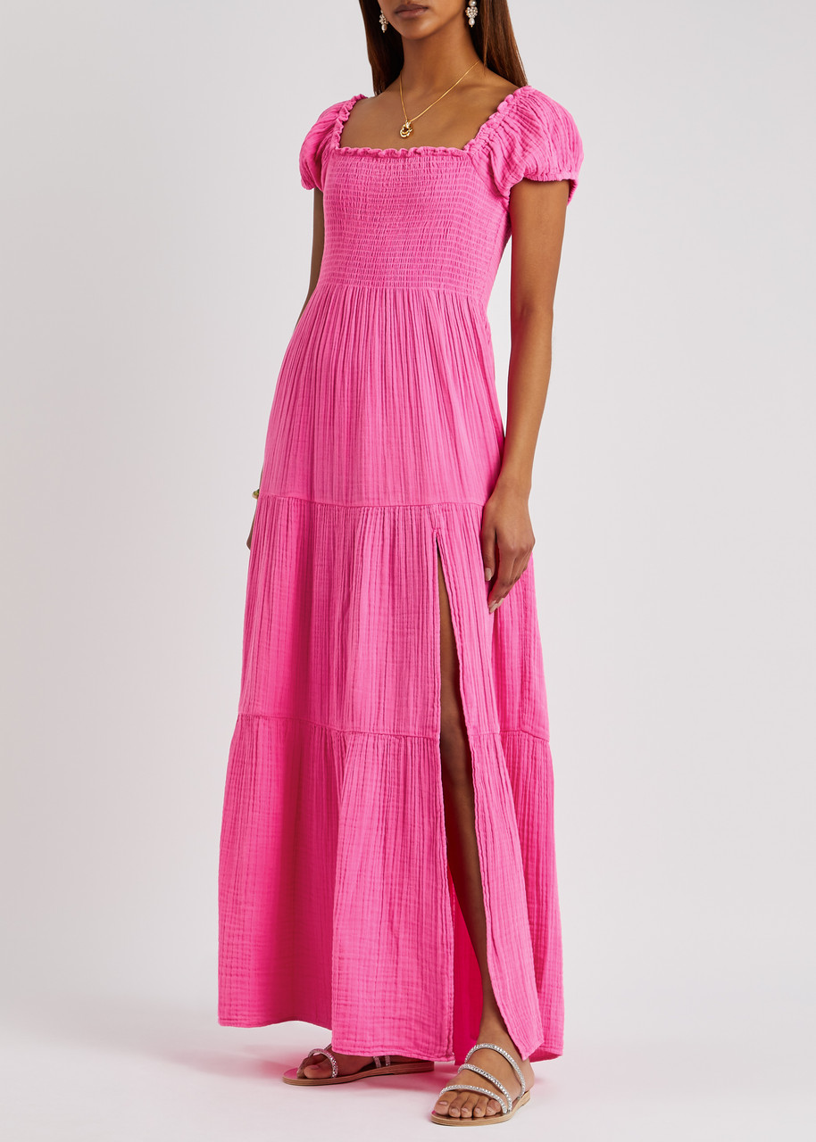  Loveshackfancy Alohl Smocked Seersucker Maxi Dress - Fuchsia - L 