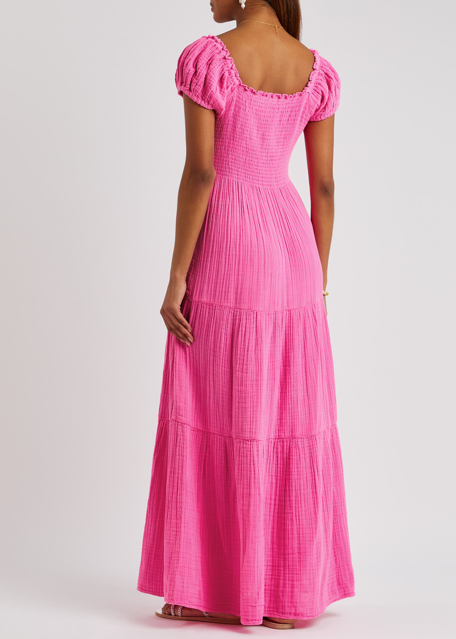  Loveshackfancy Alohl Smocked Seersucker Maxi Dress - Fuchsia - L 