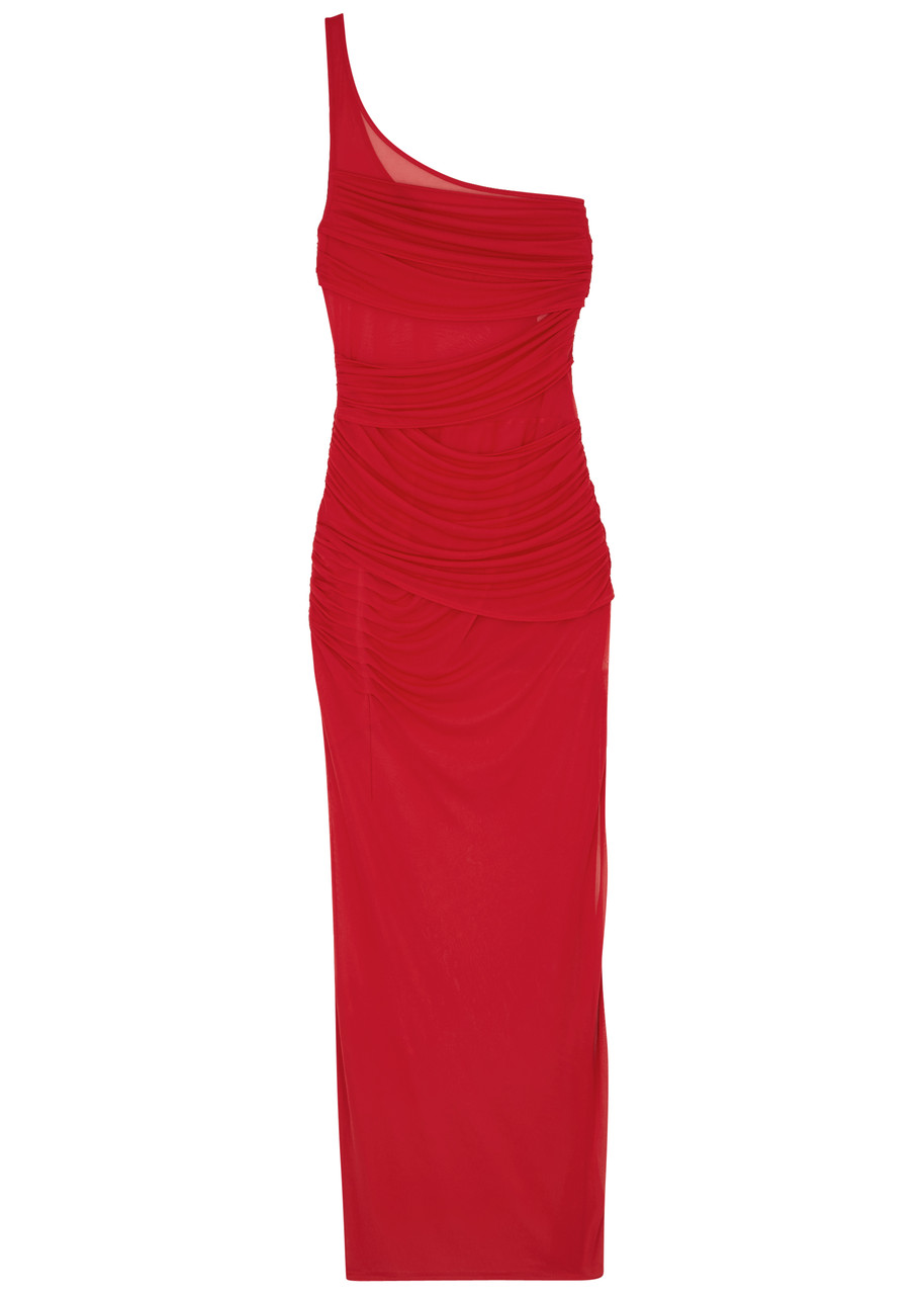 Gauge81 Moni Sheer One-shoulder Ruched Maxi Dress In Red