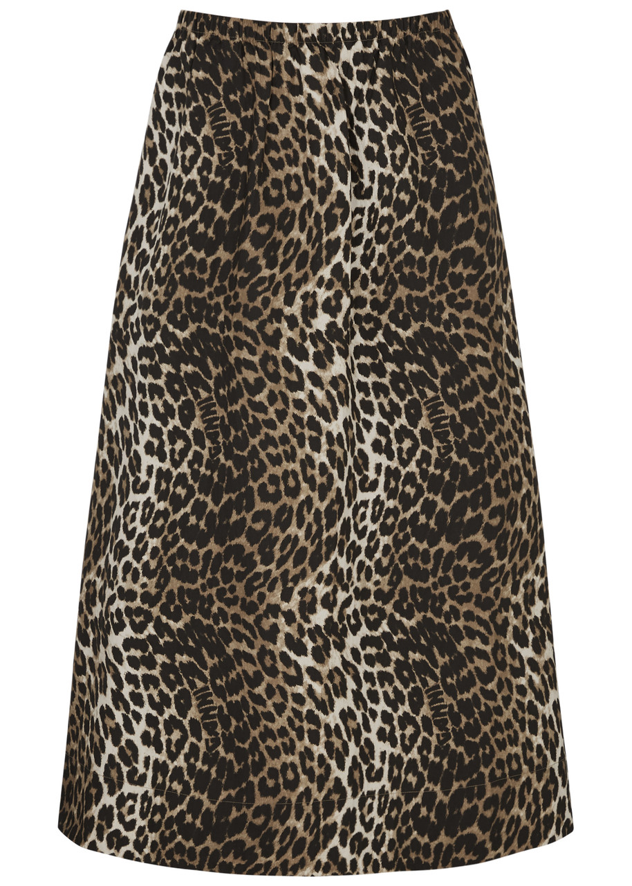 Shop Ganni Leopard-print Cotton-poplin Midi Skirt