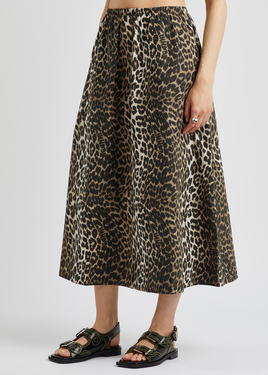 Shop Ganni Leopard-print Cotton-poplin Midi Skirt