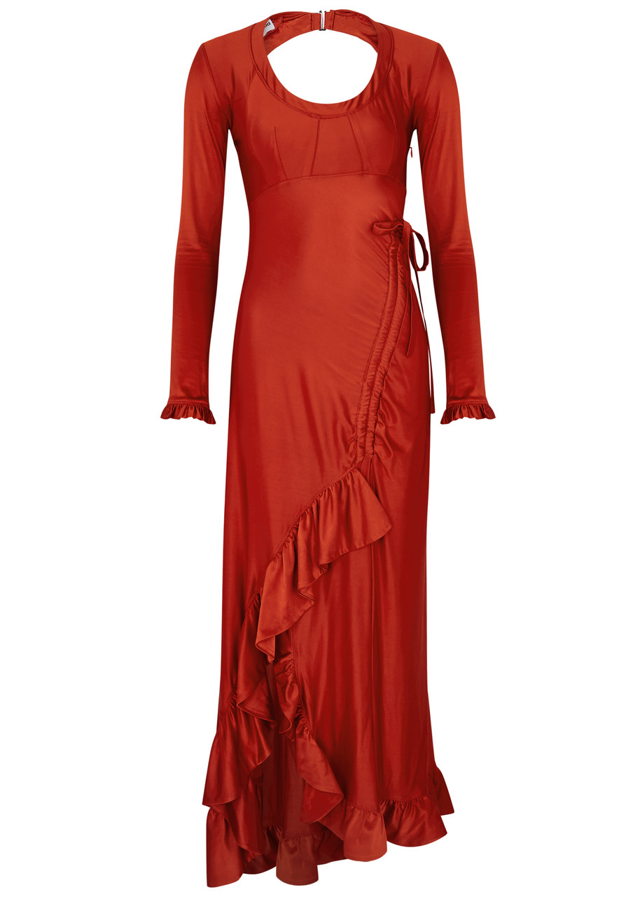 Rabanne Ruffle-trimmed Satin-jersey Maxi Dress In Red