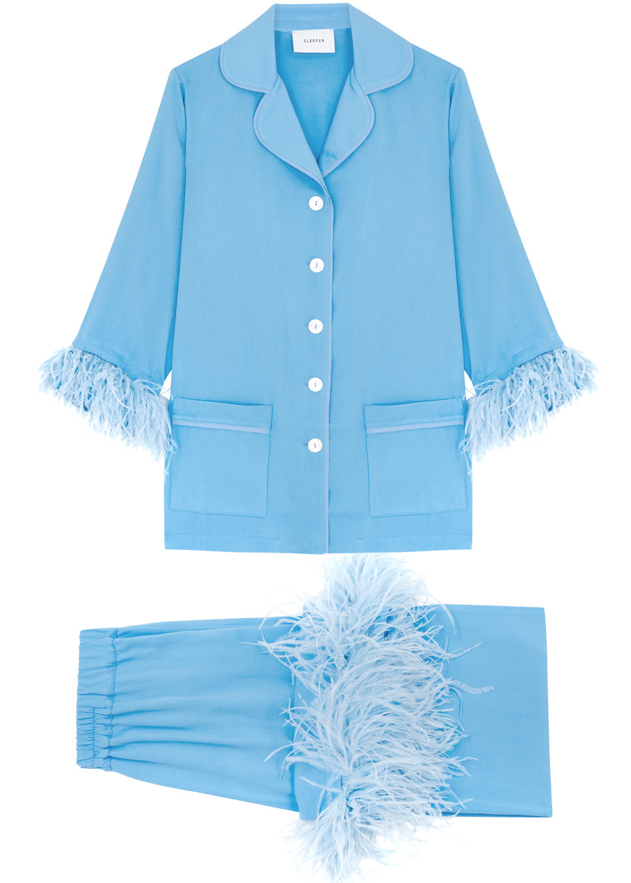 Sleeper Party Feather-trimmed Pyjama Set In Blue