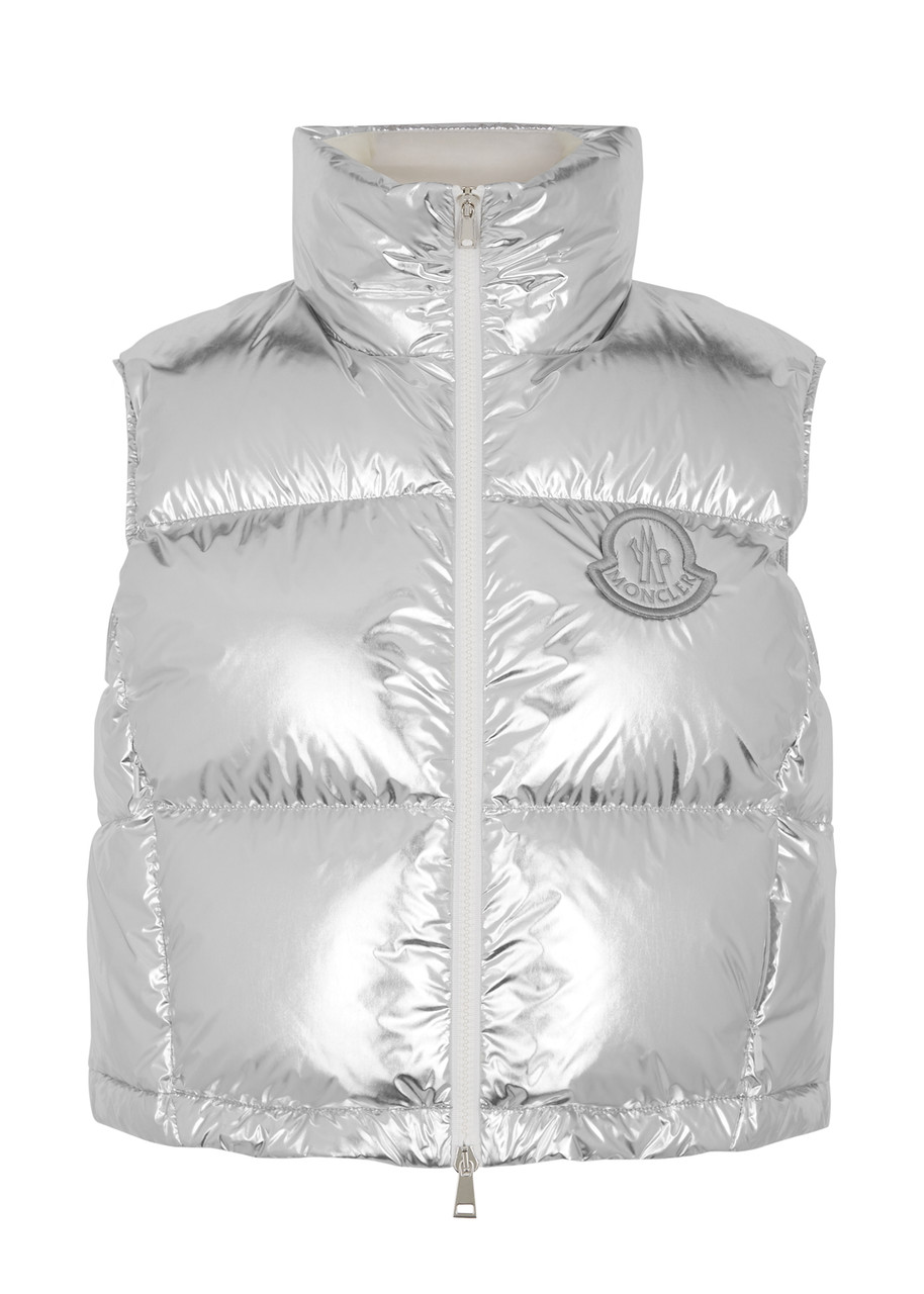 Moncler Blavet Metallic Quilted Shell Gilet In Silver