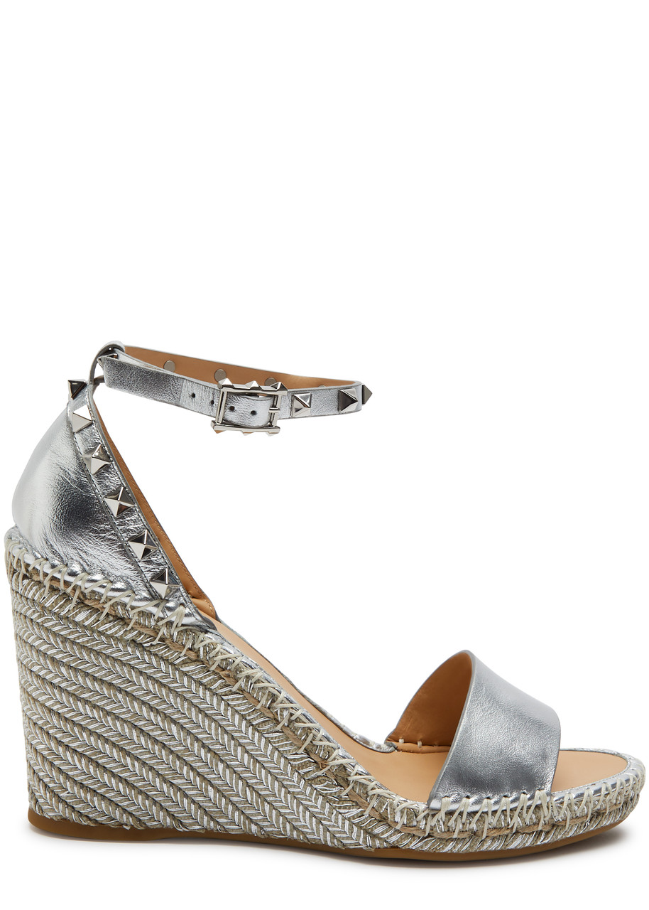Valentino Garavani Rockstud 95 Leather Wedge Espadrilles - Silver - 3
