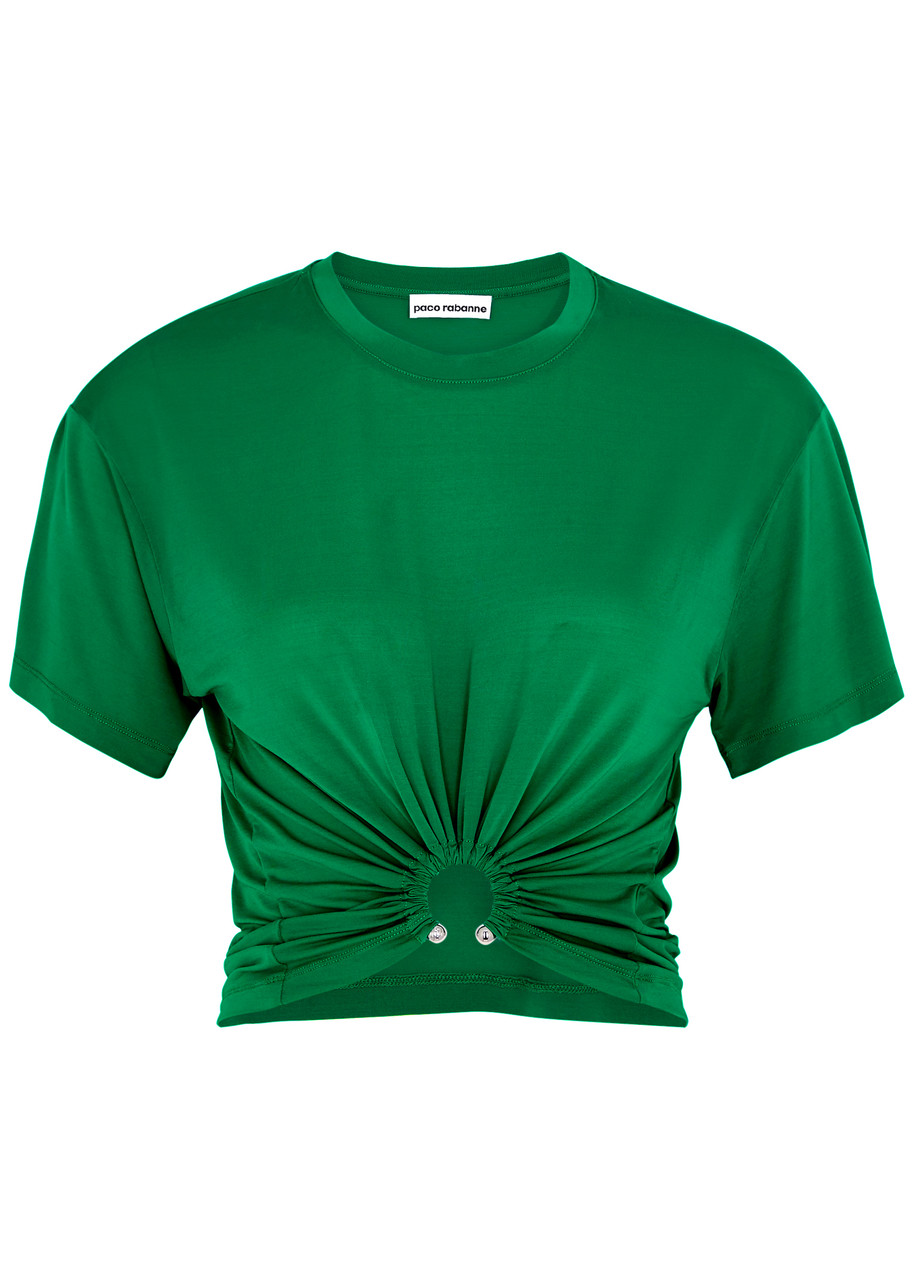 Rabanne Ruched Cropped Stretch-jersey T-shirt In Green