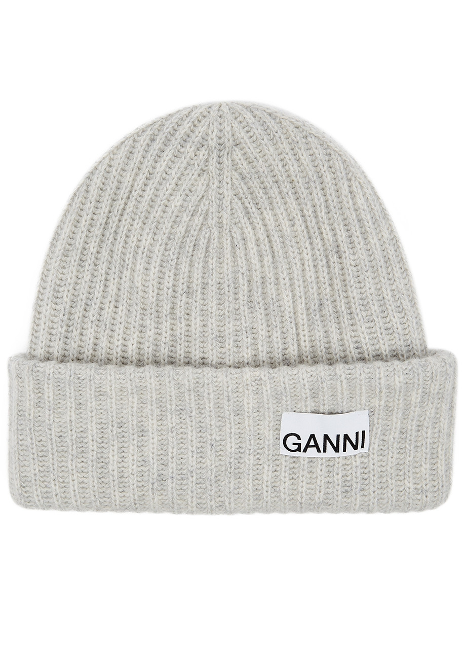 Ganni Grey Ribbed Wool-blend Beanie