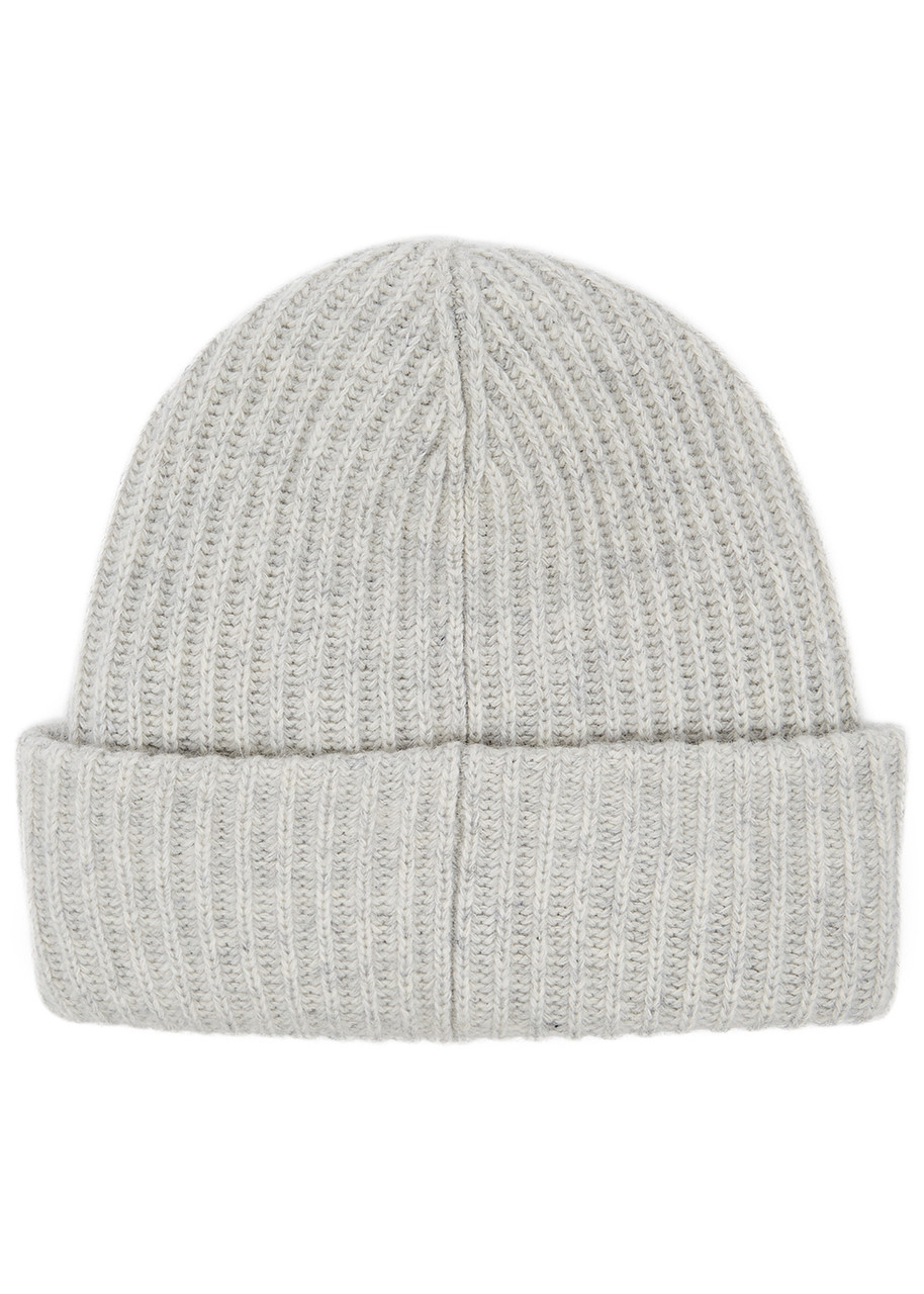 Ganni Grey Ribbed Wool-blend Beanie