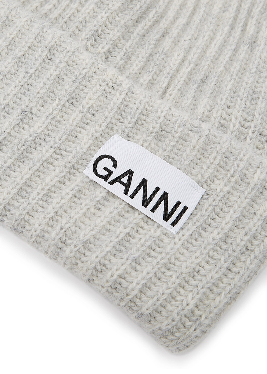 Ganni Grey Ribbed Wool-blend Beanie