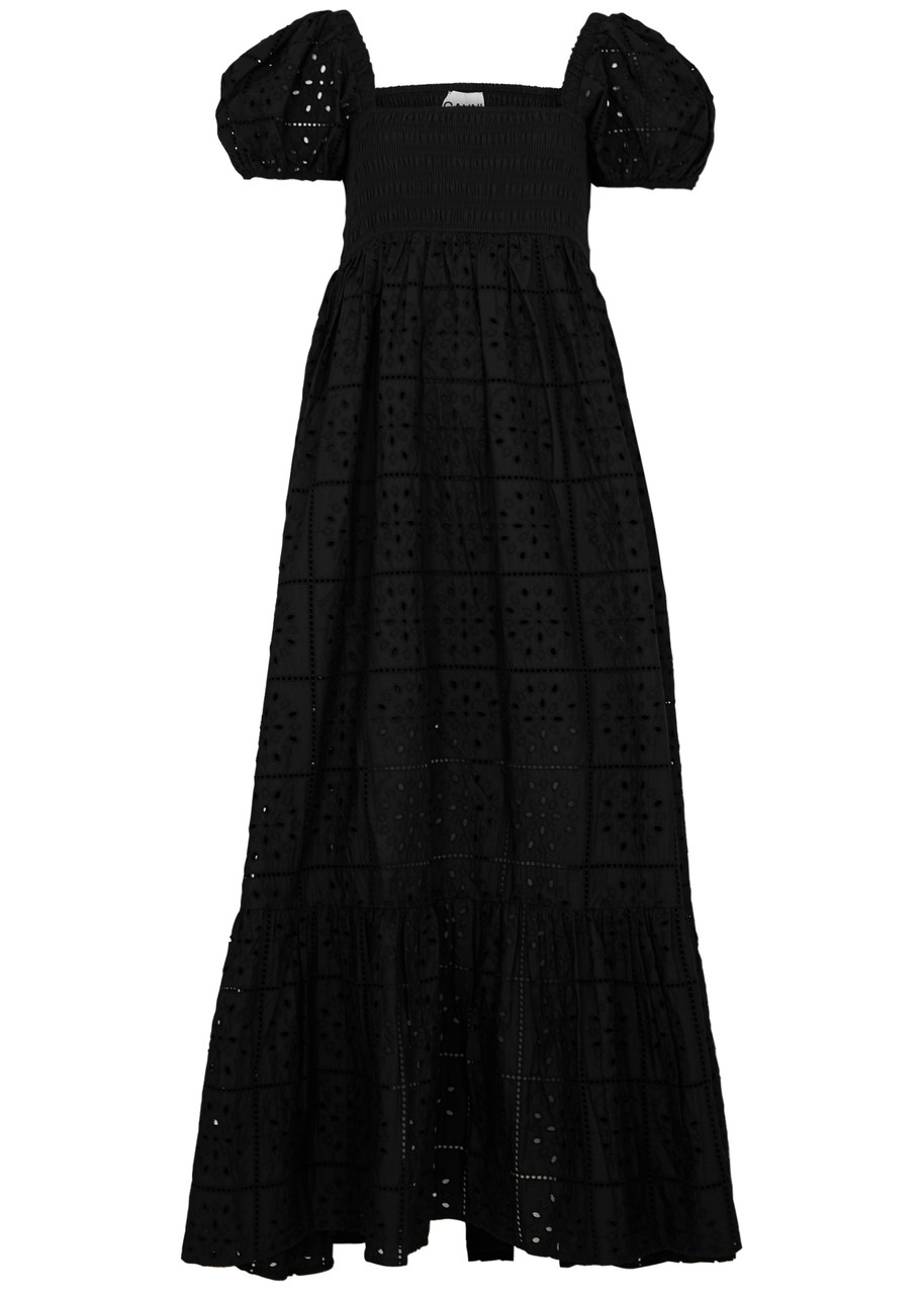 Ganni Broderie Anglaise Cotton Maxi Dress In Black