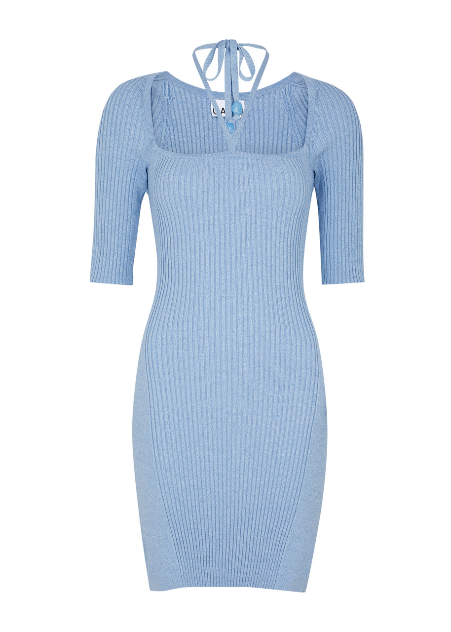 Ganni Ribbed-knit Mini Dress In Light Blue