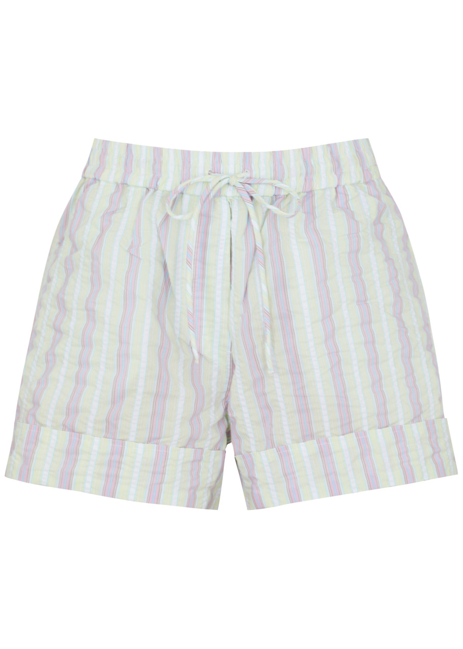 Ganni Striped Seersucker Shorts In White